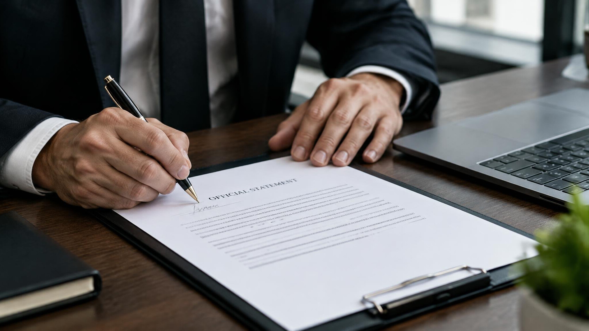 Hands signing a business document at a desk