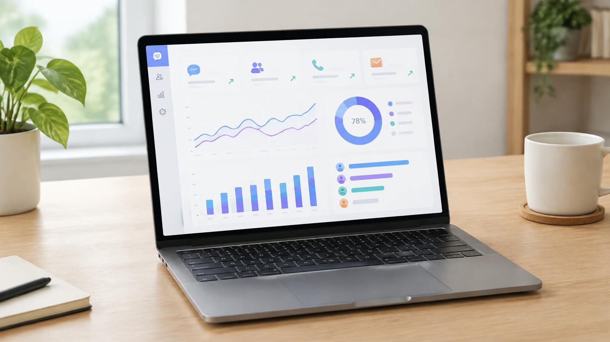 Laptop on a desk showing a dashboard with analytics