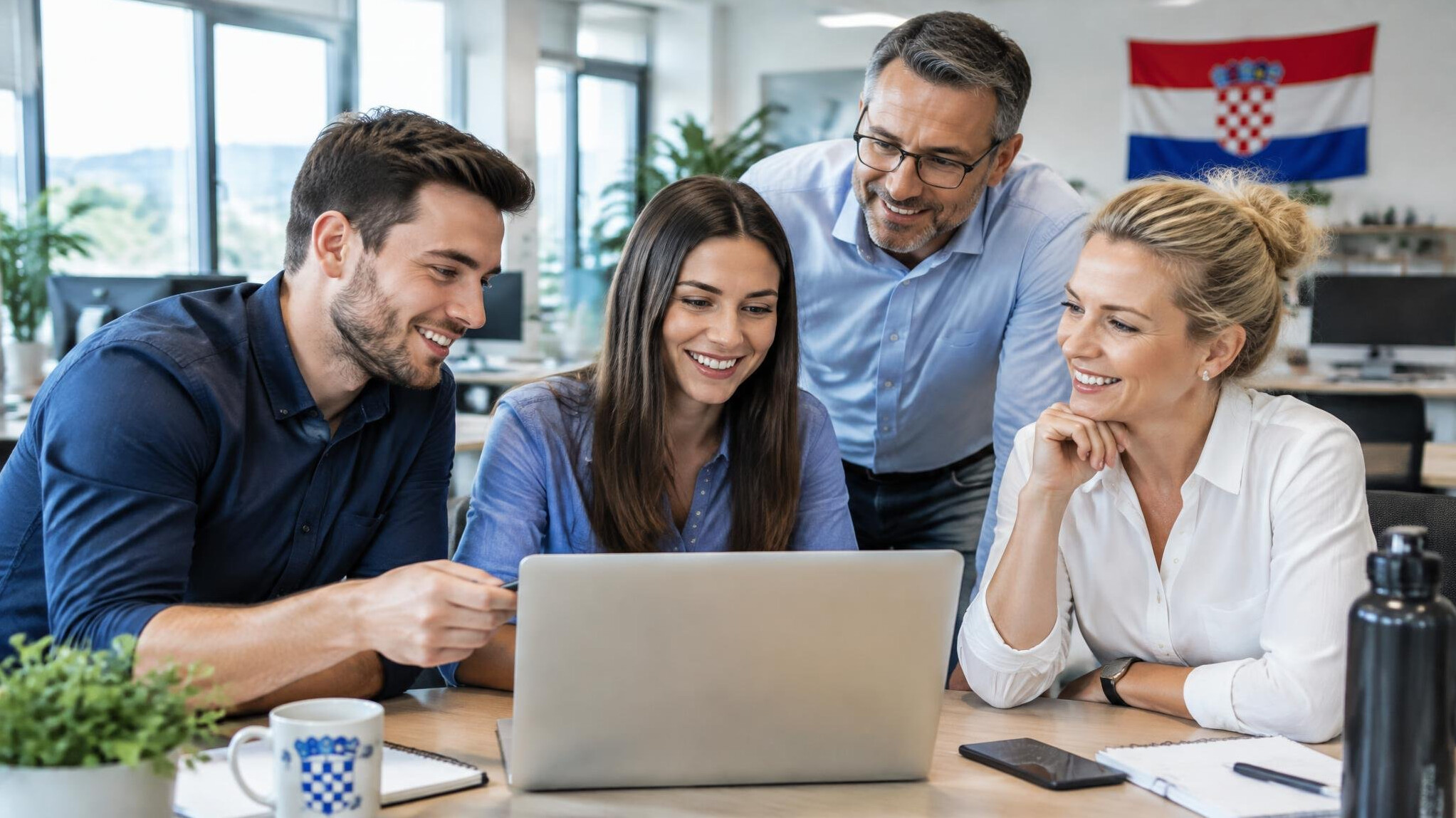 Colleagues collaborating around a laptop in an office